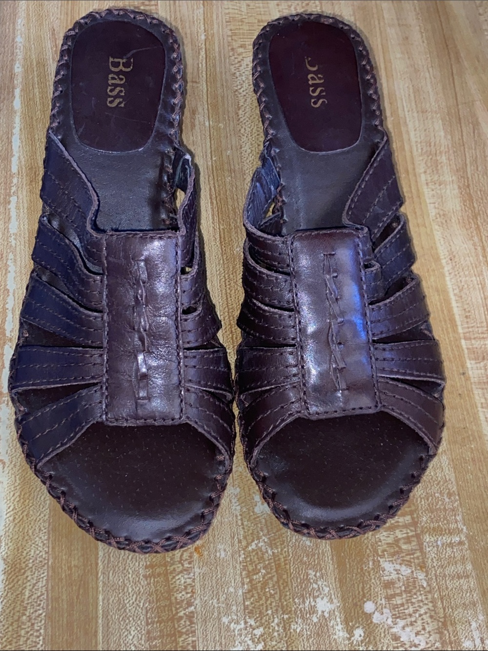 Bass Dark Brown Leather Slide Mules with Woven Straps Size 8M